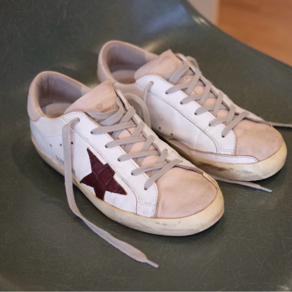 Golden Goose Off-White Leather Sneakers with Burgundy Star